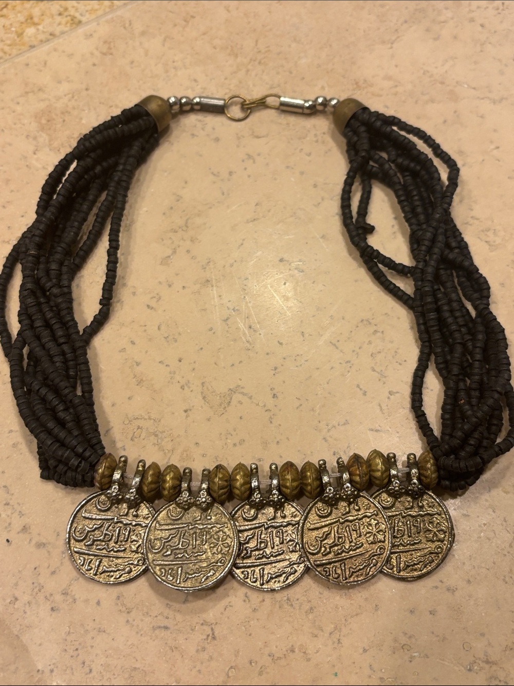 Vintage Bohemian Black Beaded Coin Necklace with Antique Gold Accents